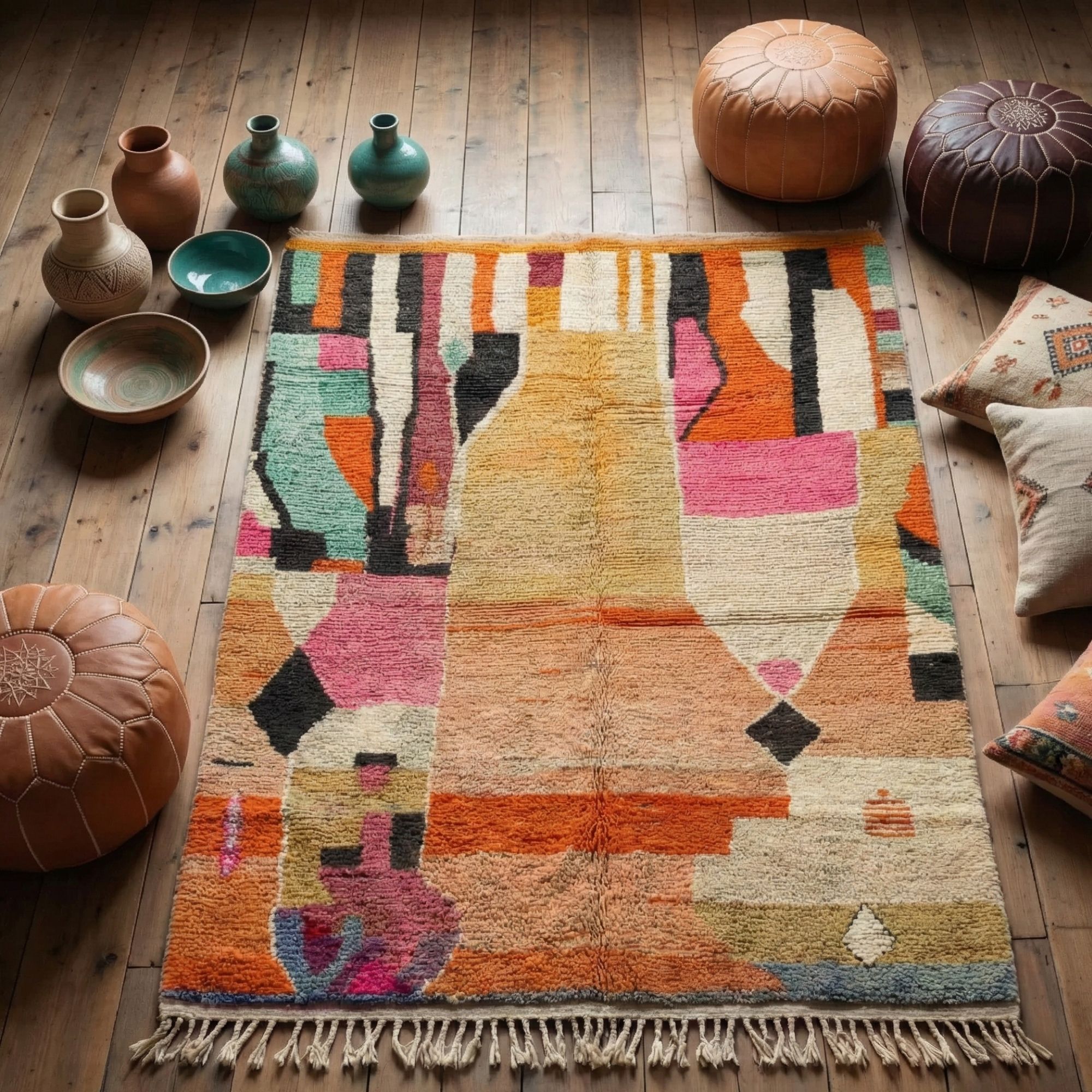 Moroccan Area Rug 4x6 ft, Peach, Pink and Teal | Nomadinas